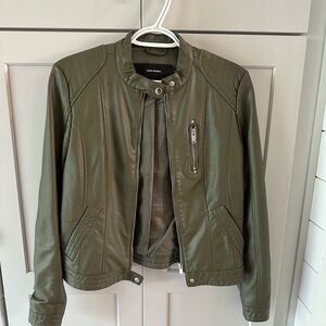 Olive green faux leather jacket.